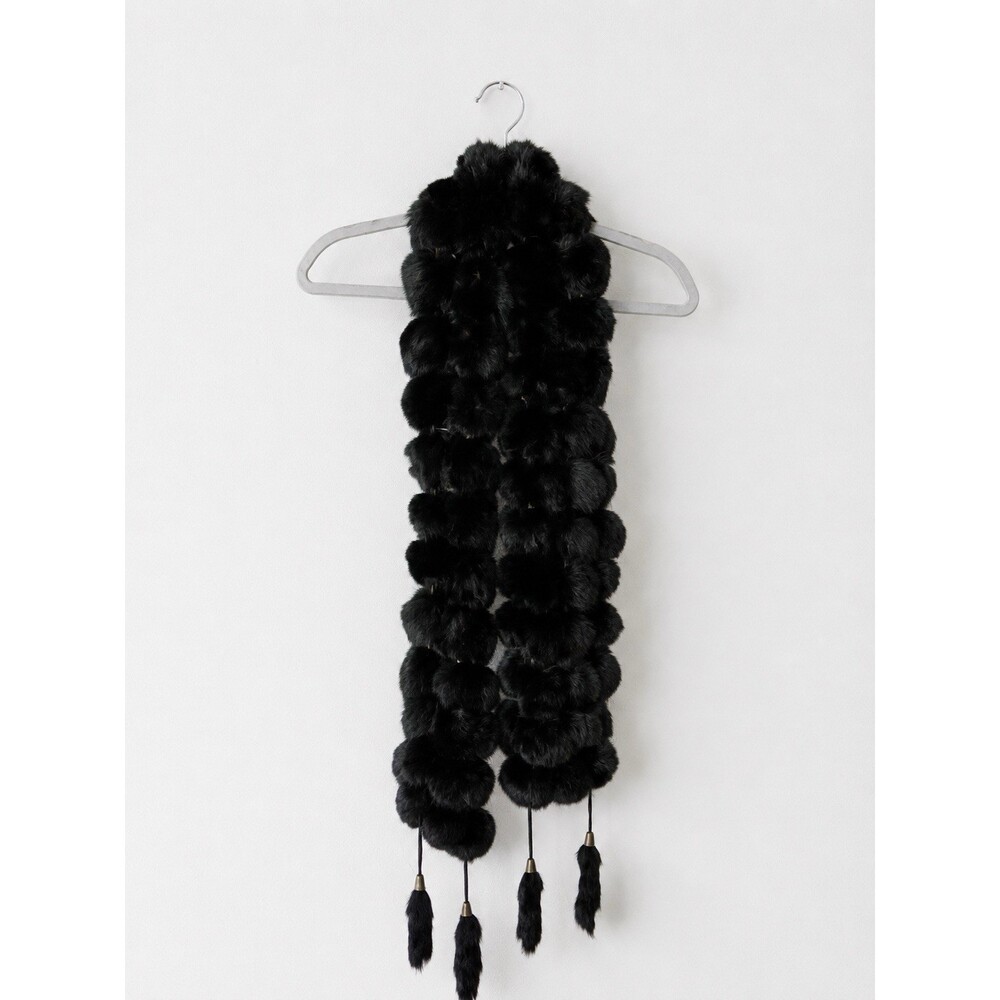 Real Rabbit Fur Wide Black Pom Pom Scarf Neck Warmer Wrap